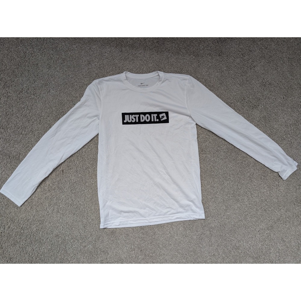 Nike Dri-FIT Long Sleeve T-Shirt Mens S Polyester White Just Do It Box Logo